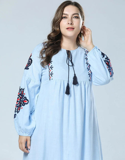 Elegant Embroidered Abaya with Lantern Sleeves and Large Swing Skirt